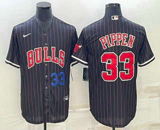 Men%27s Chicago Bulls #33 Scottie Pippen Number Black With Patch Cool Base Stitched Baseball Jersey